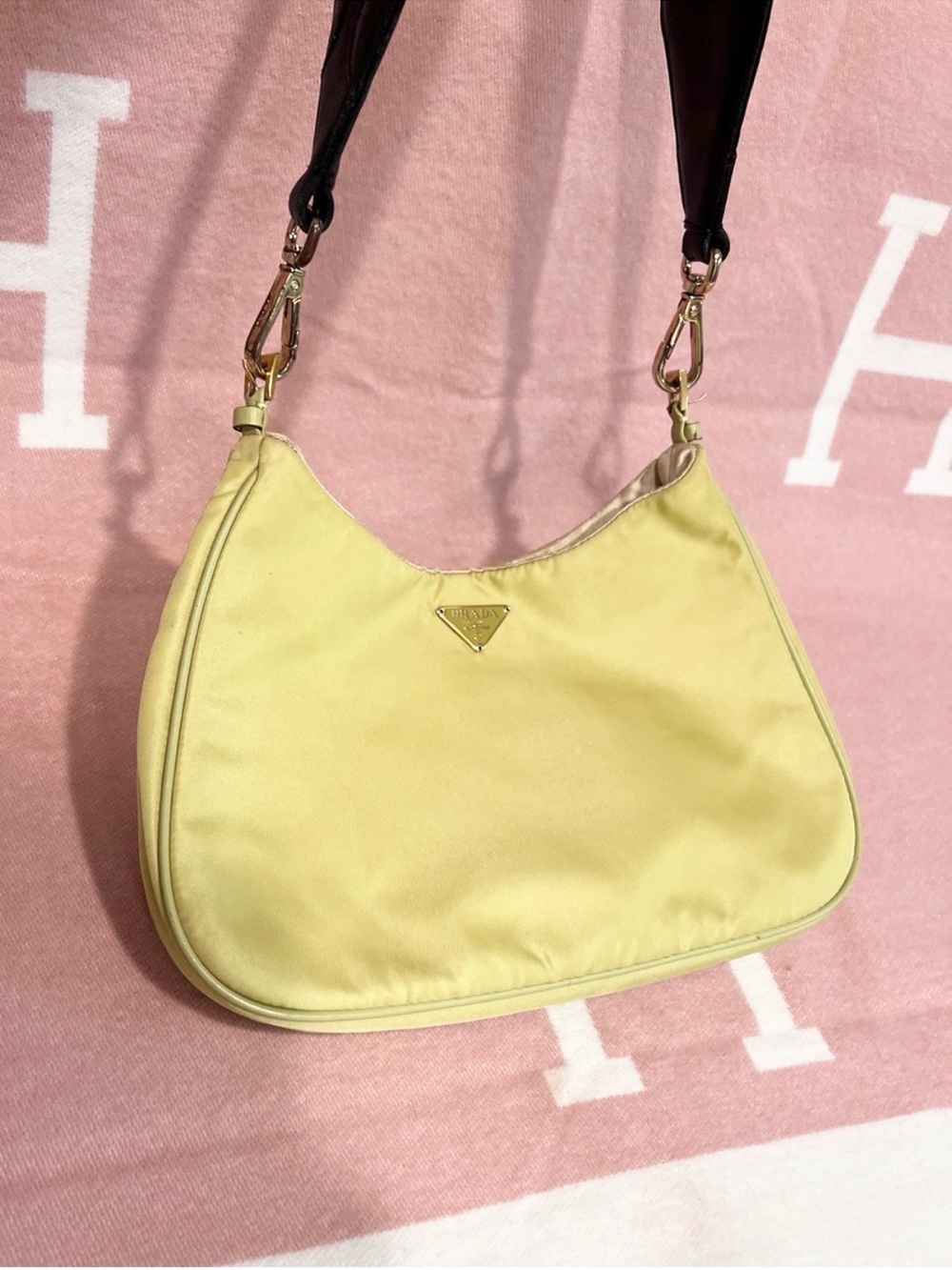 PRADA🌟Neon Yellow/green NO STAINS! Nylon Shoulder Bag. Black leather Prada add